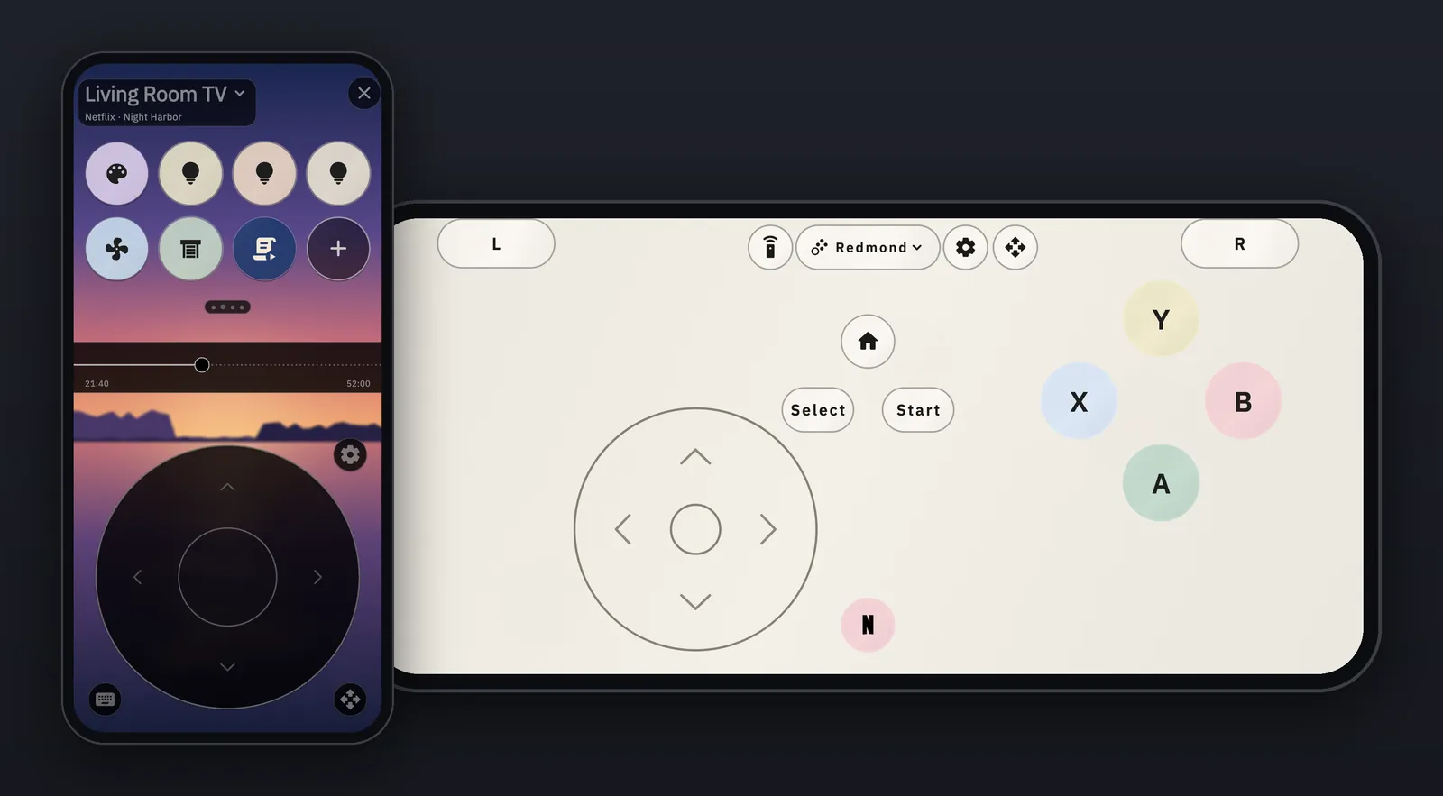 Demote's remote on an iPhone with a sunset photo behind the buttons, beside its game controller turned sideways in the Redmond layout