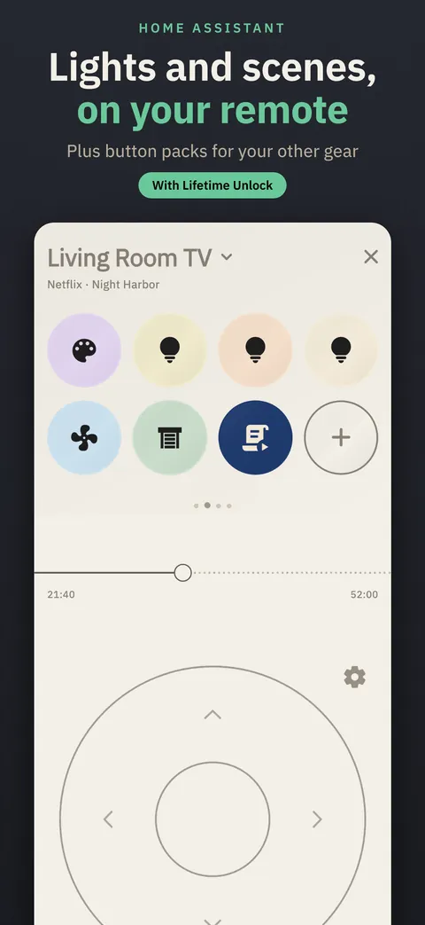 App Store screenshot: Lights and scenes, on your remote. A pane of Home Assistant buttons: a scene, three lights, a fan, blinds and a script.