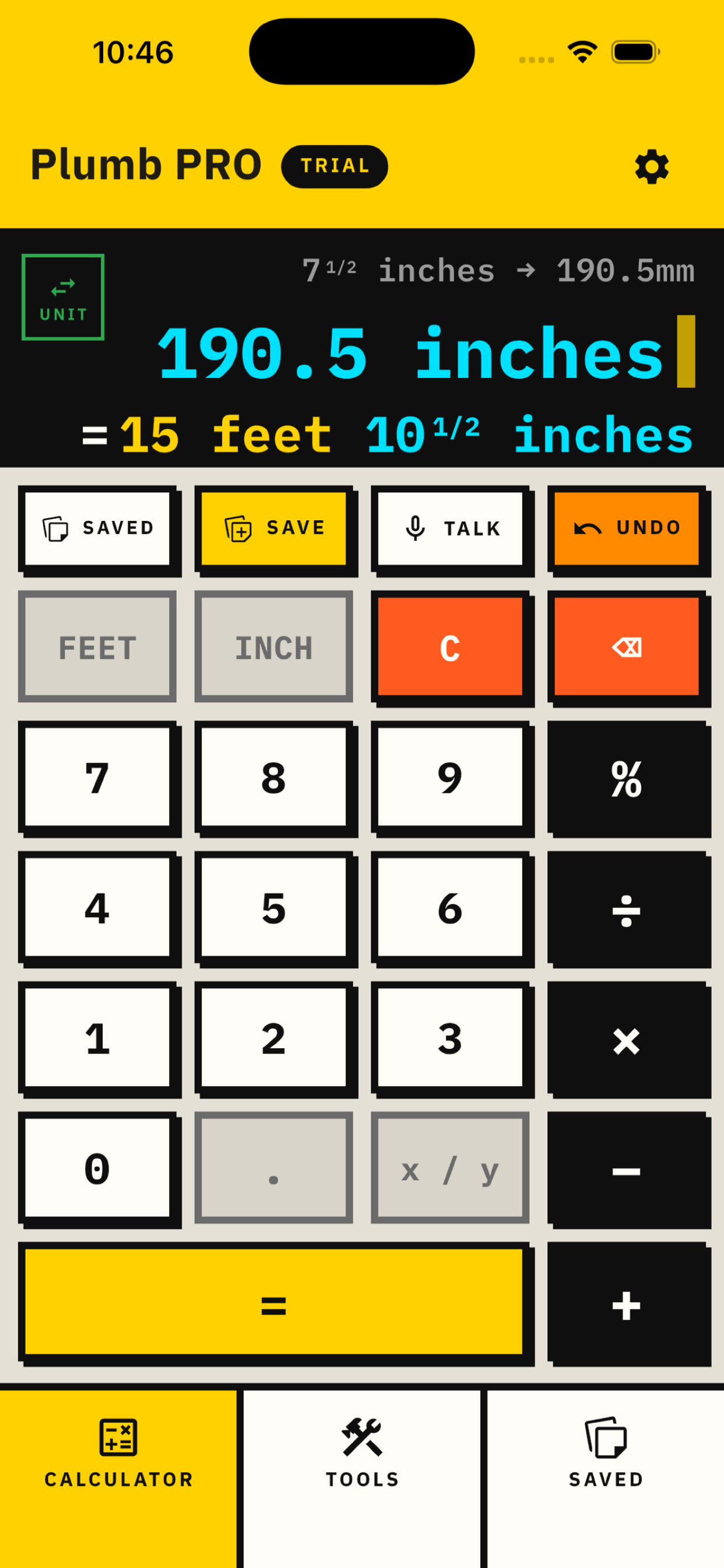 Plumb calculator with feet, inches, and fraction result
